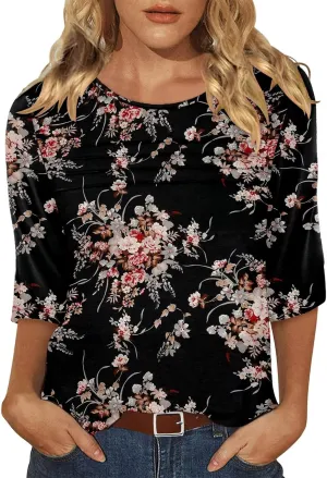 KISSMODA Women's Casual 3/4 Sleeve T-Shirts Round Neck Cute Tunic Tops Basic/Pleated Summer Tops Trendy Spring Blouses