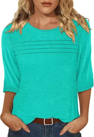 KISSMODA Women's Casual 3/4 Sleeve T-Shirts Round Neck Cute Tunic Tops Basic/Pleated Summer Tops Trendy Spring Blouses