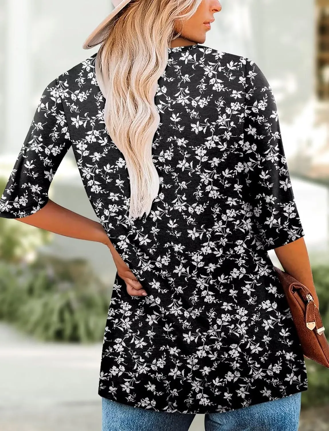 KISSMODA Women's Casual 3/4 Sleeve T-Shirts Round Neck Cute Tunic Tops Basic/Pleated Summer Tops Trendy Spring Blouses