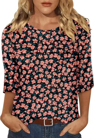 KISSMODA Women's Casual 3/4 Sleeve T-Shirts Round Neck Cute Tunic Tops Basic/Pleated Summer Tops Trendy Spring Blouses
