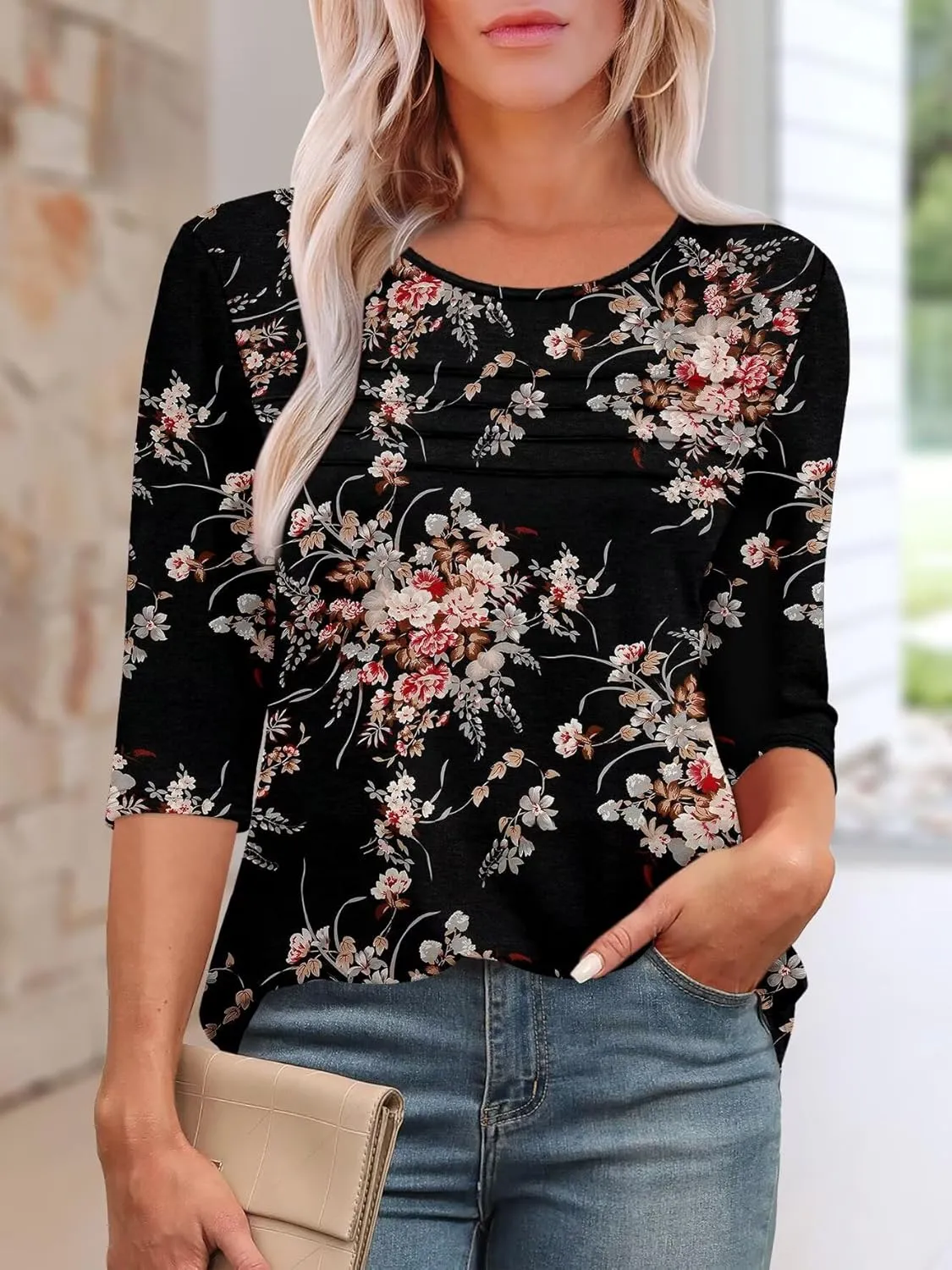 KISSMODA Women's Casual 3/4 Sleeve T-Shirts Round Neck Cute Tunic Tops Basic/Pleated Summer Tops Trendy Spring Blouses