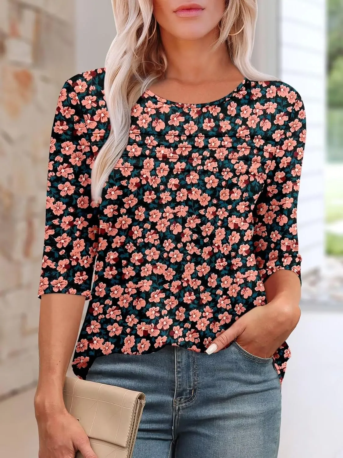 KISSMODA Women's Casual 3/4 Sleeve T-Shirts Round Neck Cute Tunic Tops Basic/Pleated Summer Tops Trendy Spring Blouses