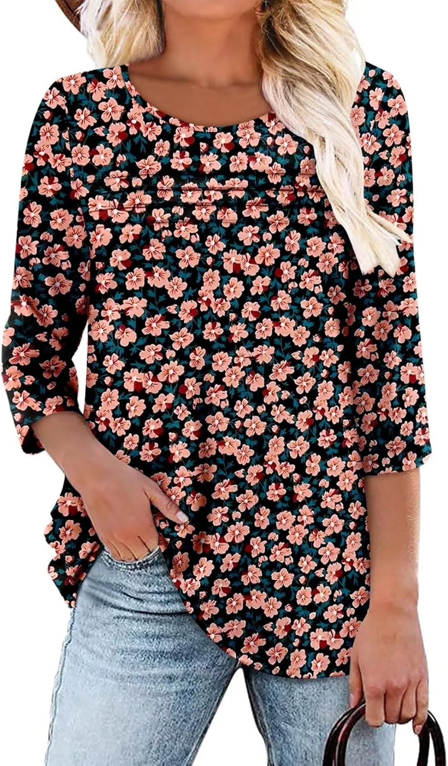 KISSMODA Women's Casual 3/4 Sleeve T-Shirts Round Neck Cute Tunic Tops Basic/Pleated Summer Tops Trendy Spring Blouses