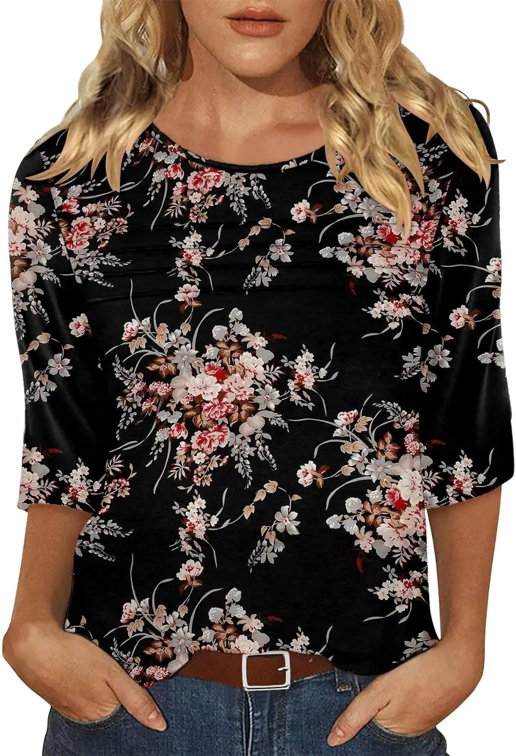 KISSMODA Women's Casual 3/4 Sleeve T-Shirts Round Neck Cute Tunic Tops Basic/Pleated Summer Tops Trendy Spring Blouses