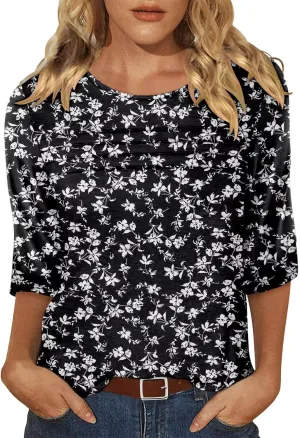 KISSMODA Women's Casual 3/4 Sleeve T-Shirts Round Neck Cute Tunic Tops Basic/Pleated Summer Tops Trendy Spring Blouses