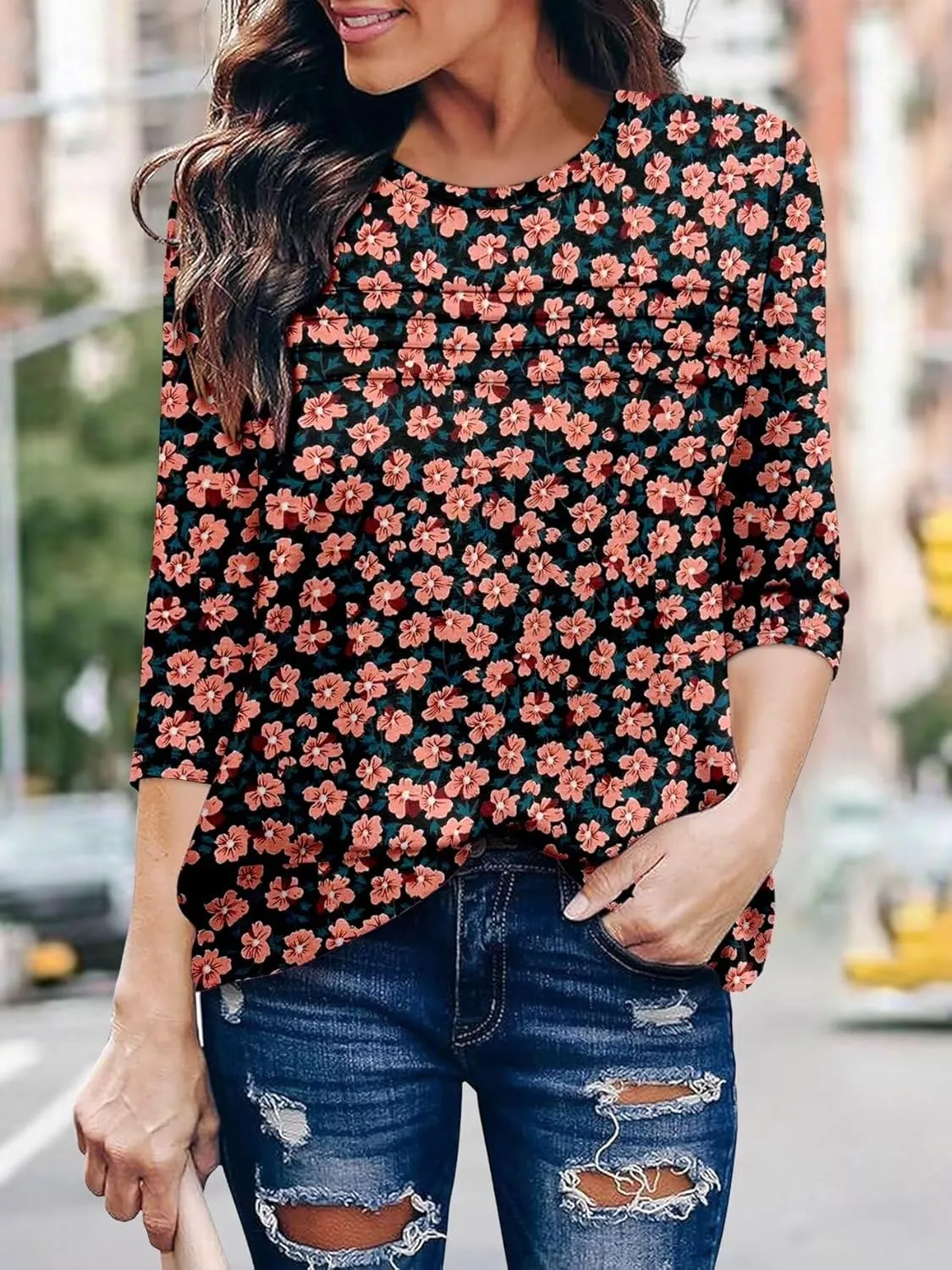 KISSMODA Women's Casual 3/4 Sleeve T-Shirts Round Neck Cute Tunic Tops Basic/Pleated Summer Tops Trendy Spring Blouses
