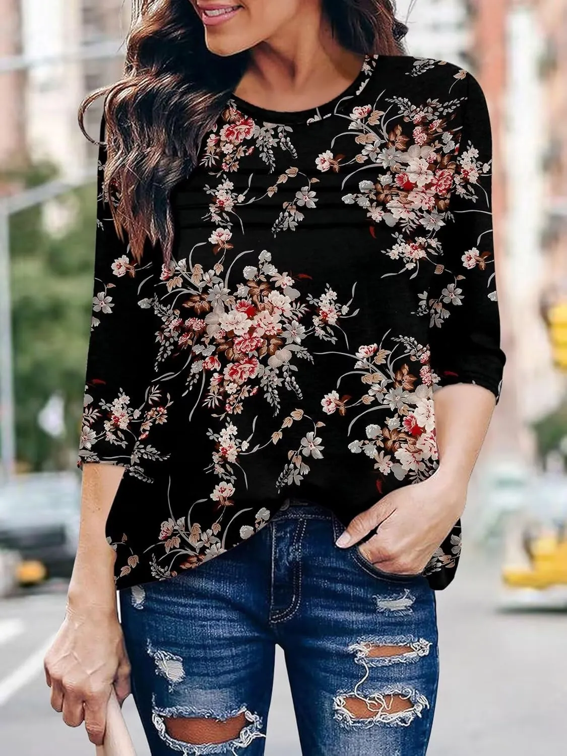 KISSMODA Women's Casual 3/4 Sleeve T-Shirts Round Neck Cute Tunic Tops Basic/Pleated Summer Tops Trendy Spring Blouses