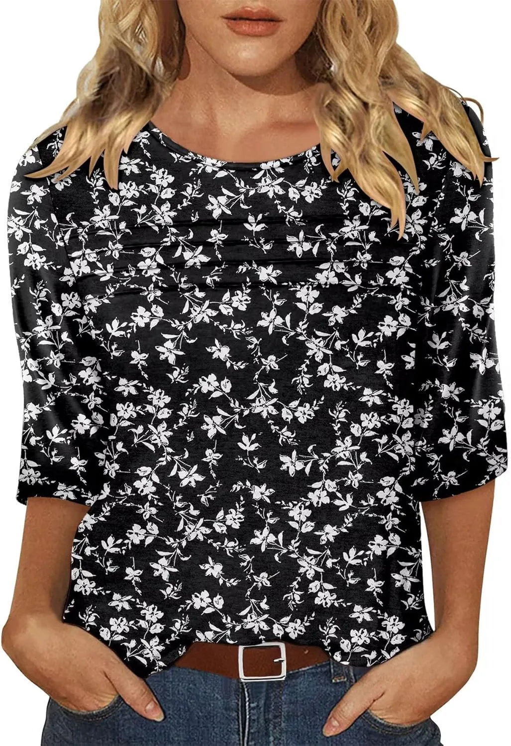 KISSMODA Women's Casual 3/4 Sleeve T-Shirts Round Neck Cute Tunic Tops Basic/Pleated Summer Tops Trendy Spring Blouses