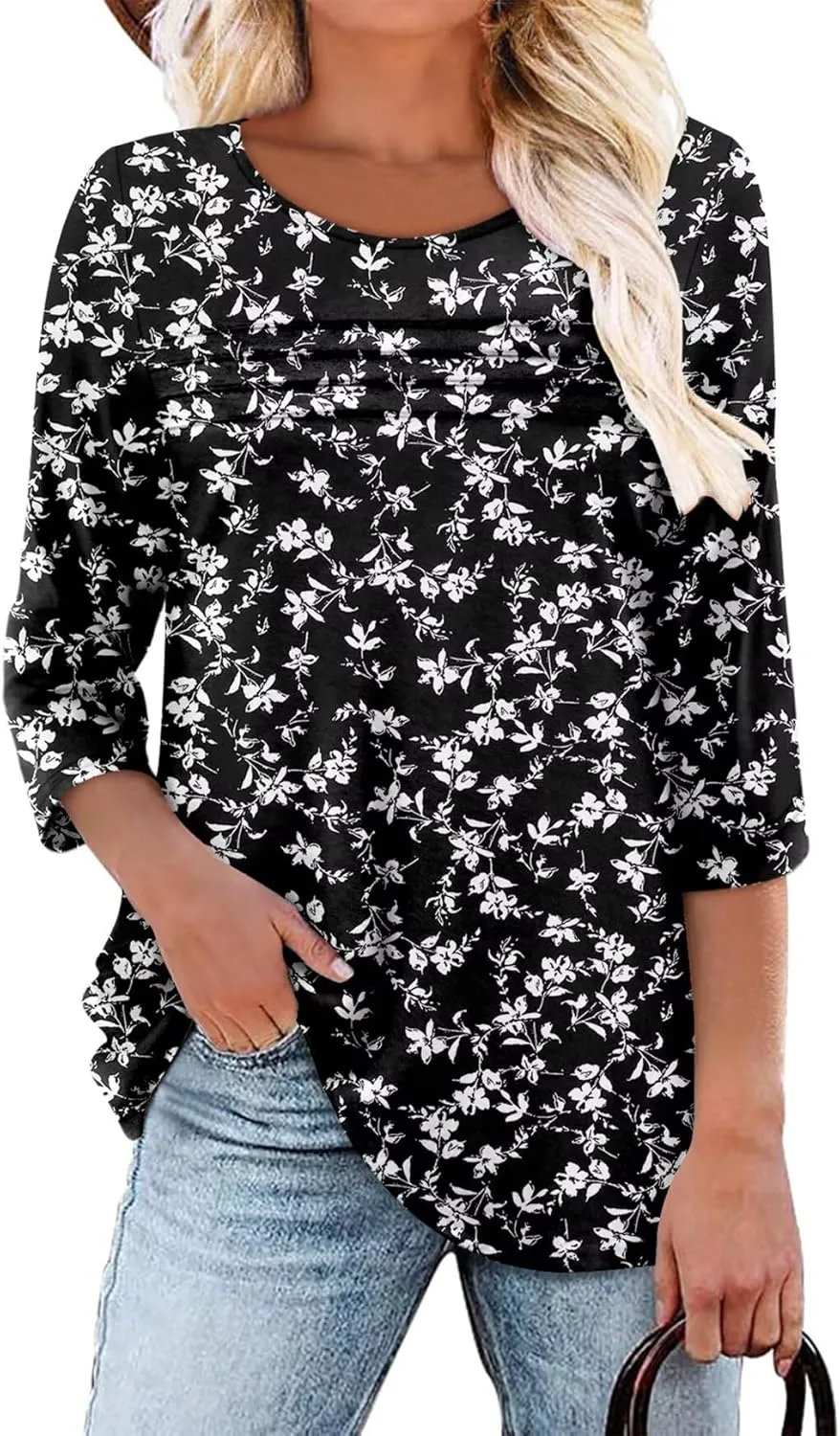 KISSMODA Women's Casual 3/4 Sleeve T-Shirts Round Neck Cute Tunic Tops Basic/Pleated Summer Tops Trendy Spring Blouses