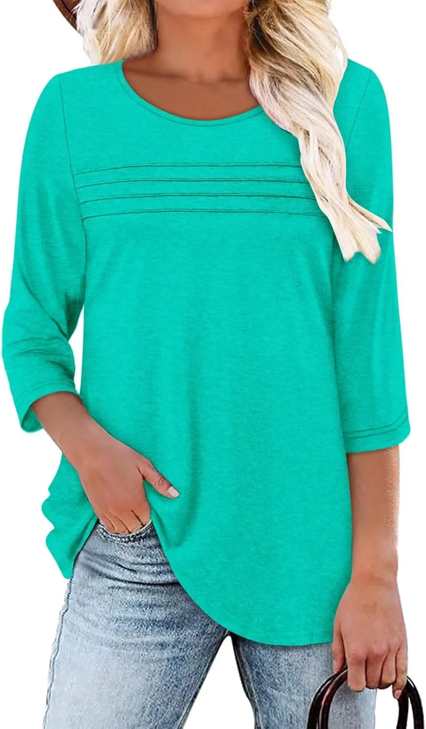 KISSMODA Women's Casual 3/4 Sleeve T-Shirts Round Neck Cute Tunic Tops Basic/Pleated Summer Tops Trendy Spring Blouses