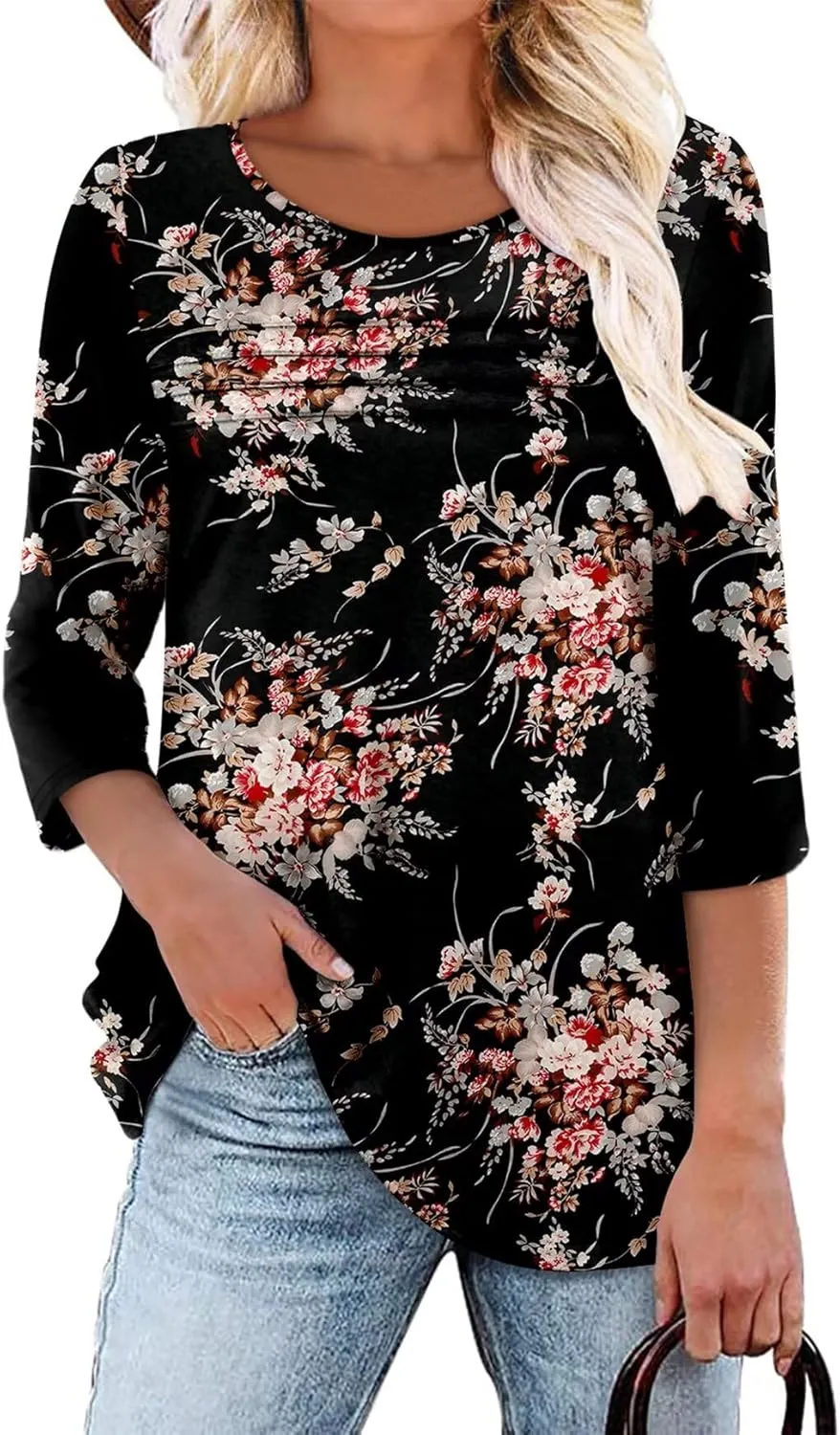 KISSMODA Women's Casual 3/4 Sleeve T-Shirts Round Neck Cute Tunic Tops Basic/Pleated Summer Tops Trendy Spring Blouses