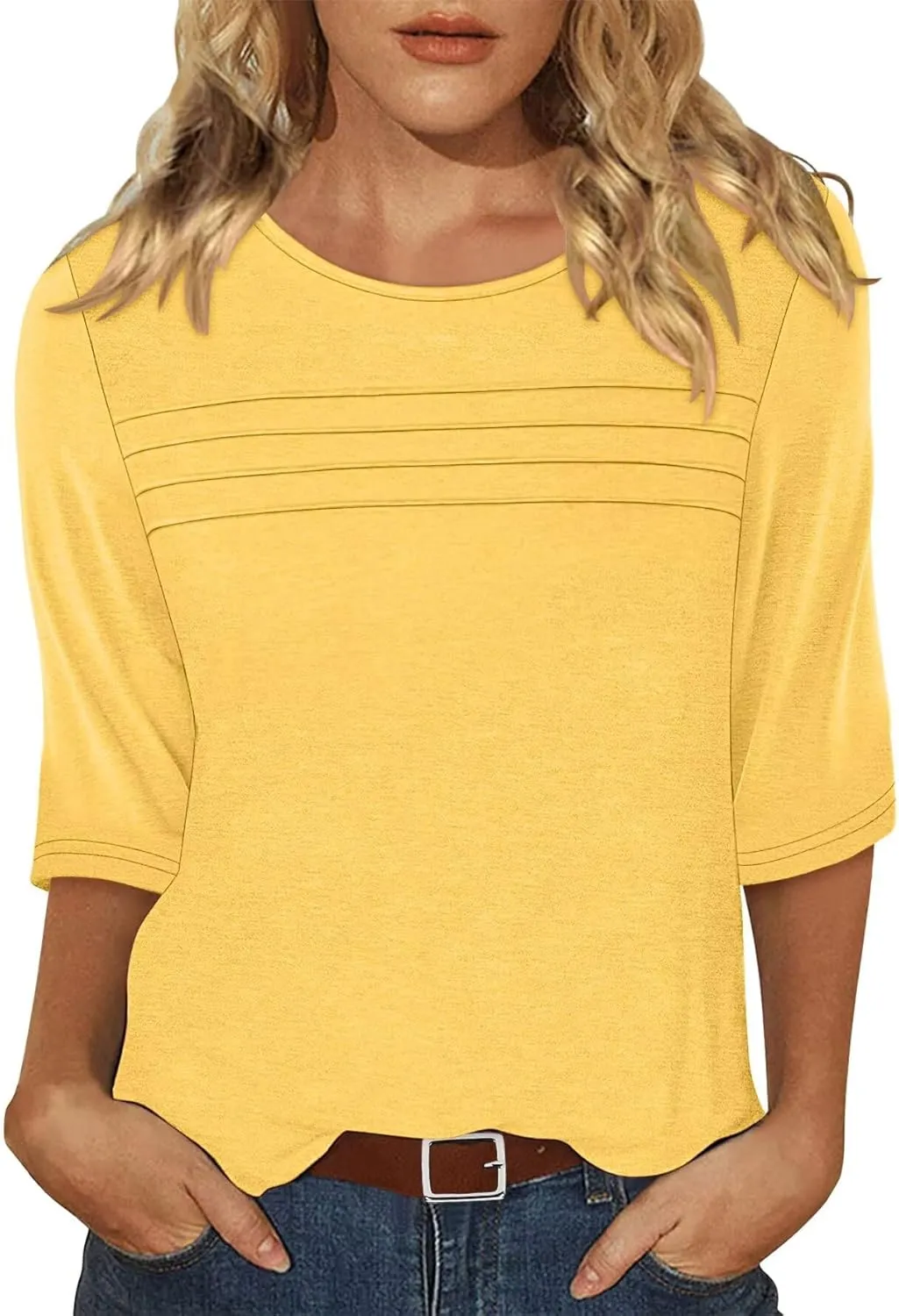 KISSMODA Women's Casual 3/4 Sleeve T-Shirts Round Neck Cute Tunic Tops Basic/Pleated Summer Tops Trendy Spring Blouses