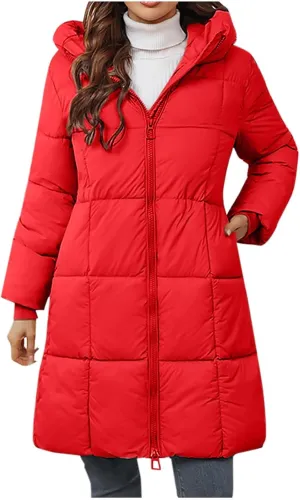 Knee Length Puffer Coat Women Winter Down Coats Full Zip Long-Sleeve Hooded Warm Quilted Jackets with Pockets