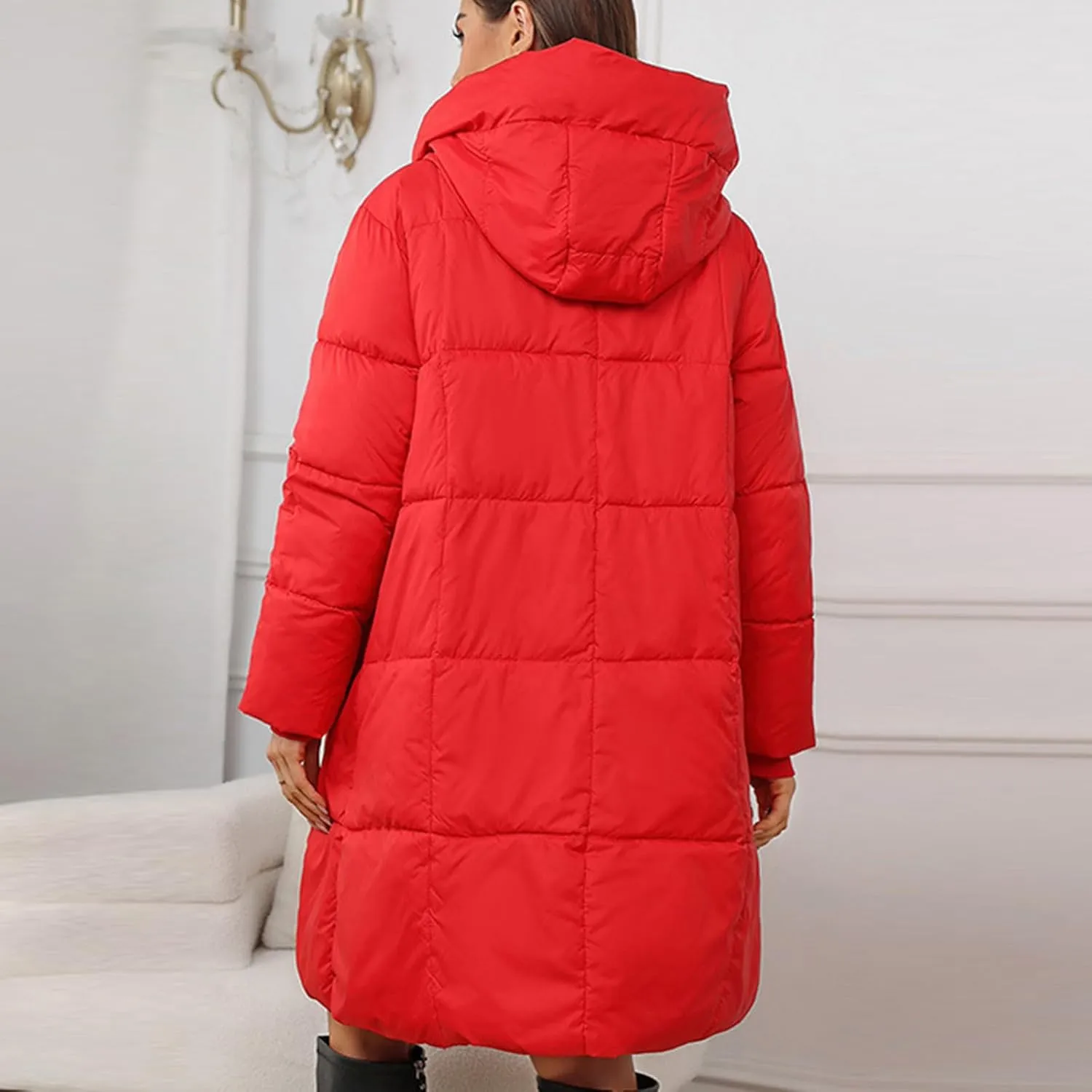Knee Length Puffer Coat Women Winter Down Coats Full Zip Long-Sleeve Hooded Warm Quilted Jackets with Pockets