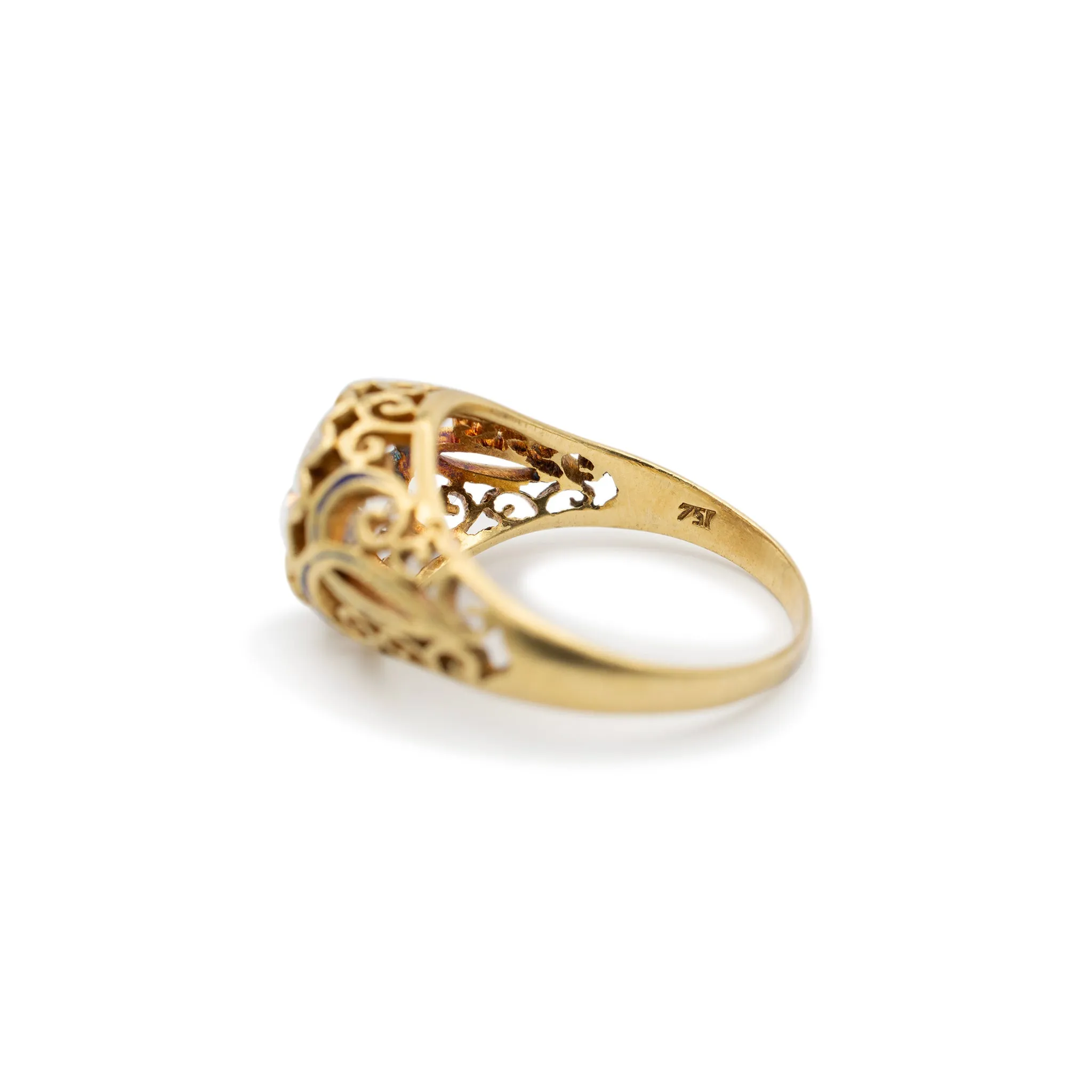 Ladies Antique Victorian 18K Yellow Gold GIA 2.03CT Old European Filigreed Enamel Engagement Ring