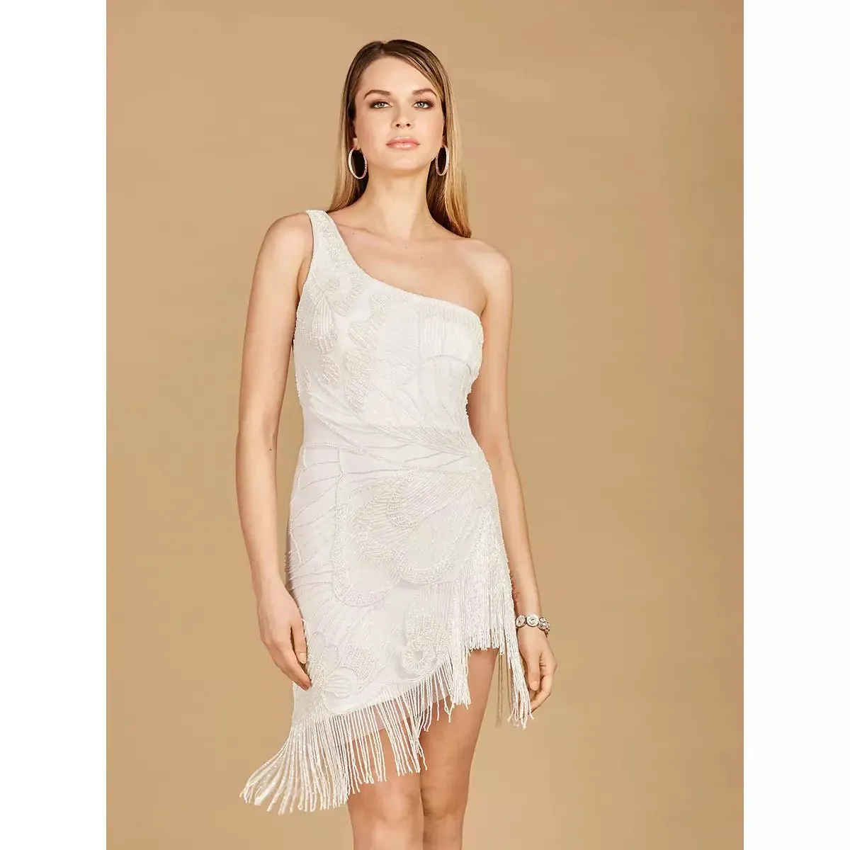 LARA 29291 - ONE SHOULDER COCKTAIL DRESS WITH FRINGES