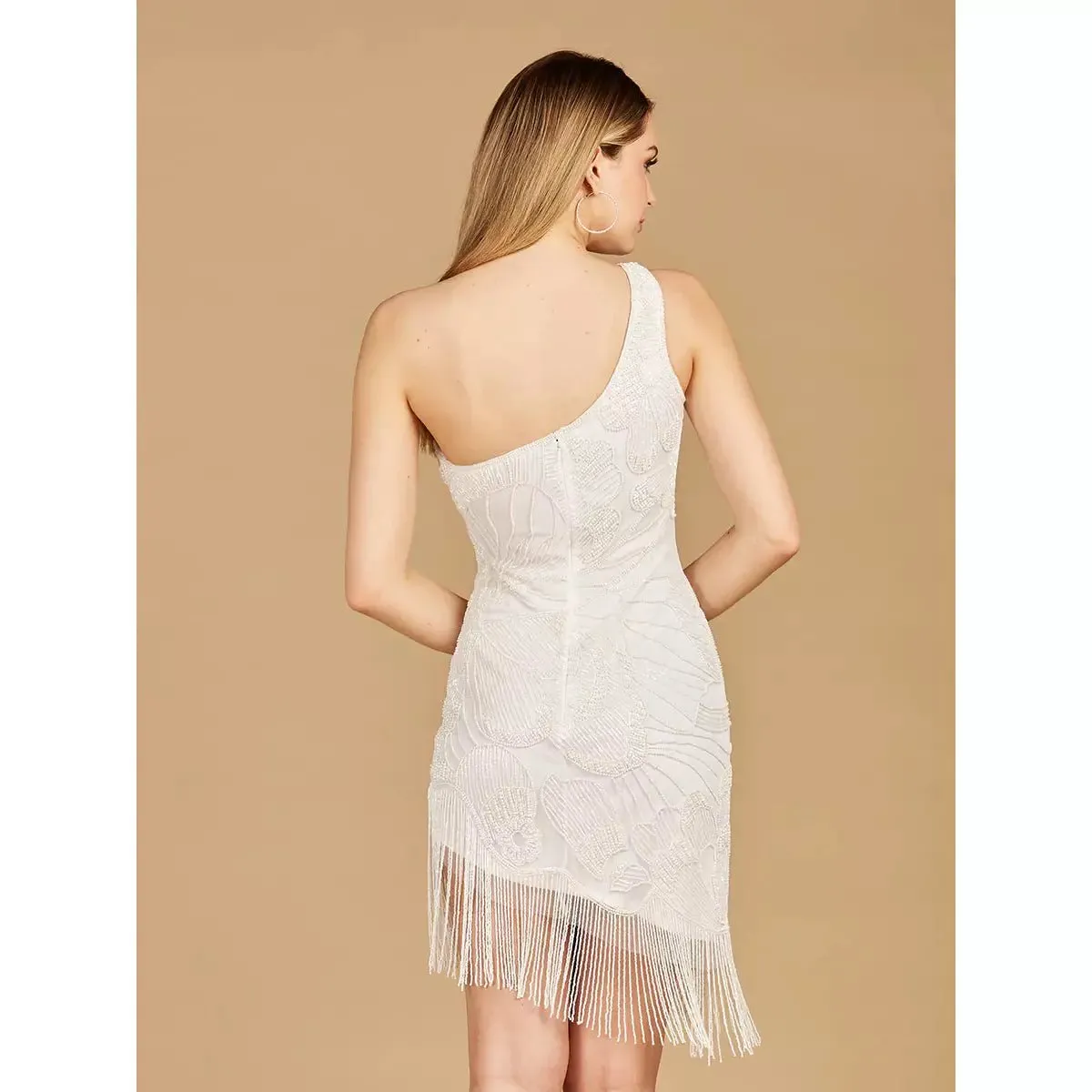 LARA 29291 - ONE SHOULDER COCKTAIL DRESS WITH FRINGES