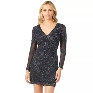 LARA 29344 - LONG SLEEVE V-NECK BEADED COCKTAIL DRESS IN NAVY