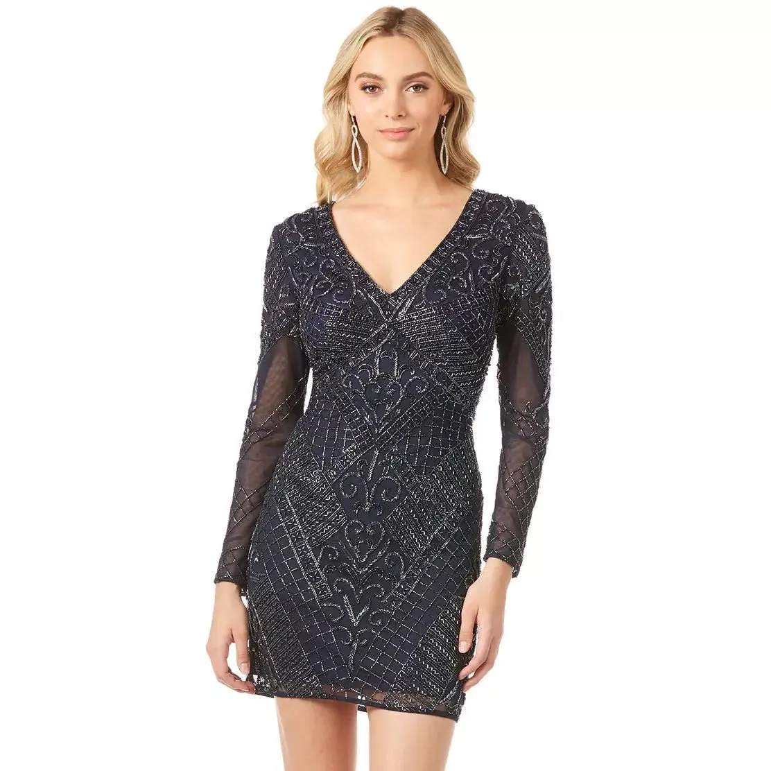 LARA 29344 - LONG SLEEVE V-NECK BEADED COCKTAIL DRESS IN NAVY
