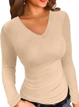 LOLONG T Shirts for Women Short/Long Sleeve V Neck Casual Ribbed Slim Fitted Tops