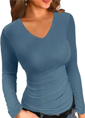 LOLONG T Shirts for Women Short/Long Sleeve V Neck Casual Ribbed Slim Fitted Tops