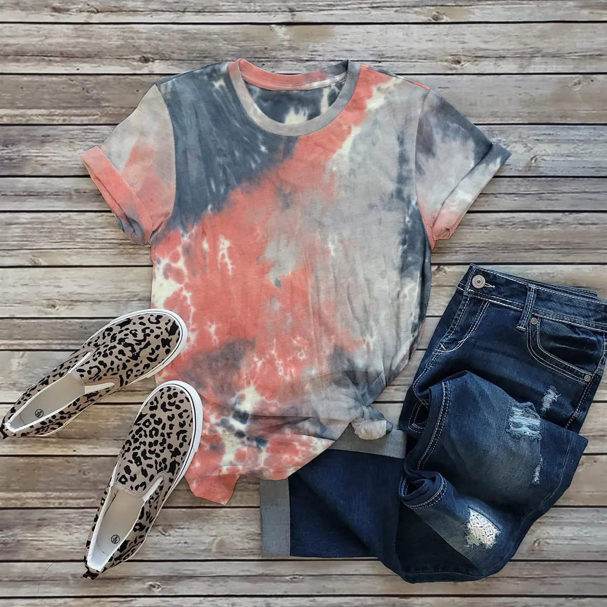 Loose Solid Color Short Sleeve Tie-dyed Round Neck Men's and Women's Blank T-shirt A Set Print
