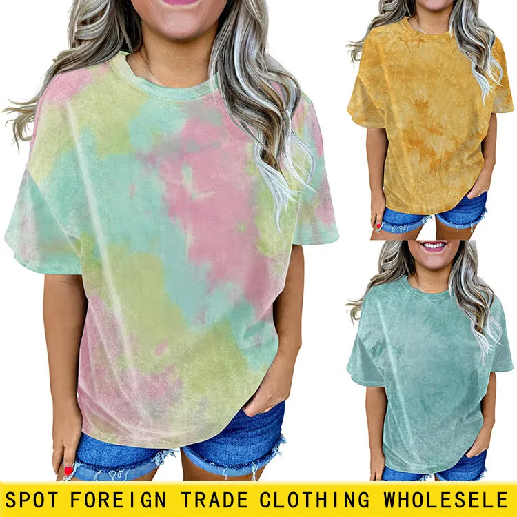 Loose Solid Color Short Sleeve Tie-dyed Round Neck Men's and Women's Blank T-shirt A Set Print