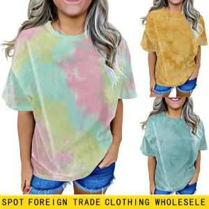 Loose Solid Color Short Sleeve Tie-dyed Round Neck Men's and Women's Blank T-shirt A Set Print