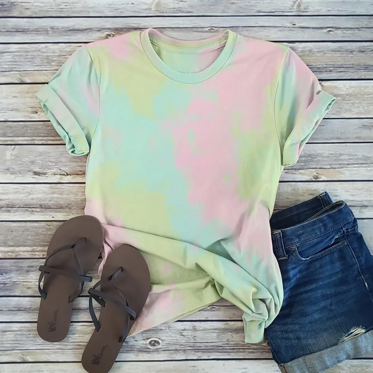 Loose Solid Color Short Sleeve Tie-dyed Round Neck Men's and Women's Blank T-shirt A Set Print