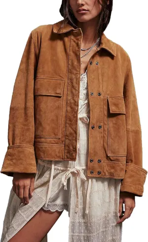 Lumister Faux Suede Jacket Women Casual Oversized Button Down Leather Bomber Jacket with Pocket Trendy 2025
