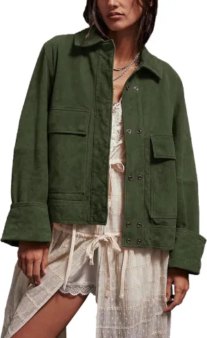 Lumister Faux Suede Jacket Women Casual Oversized Button Down Leather Bomber Jacket with Pocket Trendy 2025