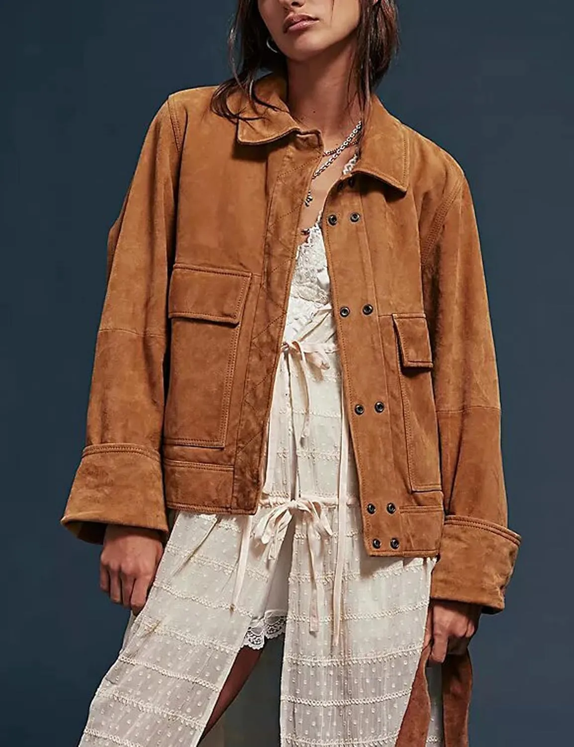 Lumister Faux Suede Jacket Women Casual Oversized Button Down Leather Bomber Jacket with Pocket Trendy 2025
