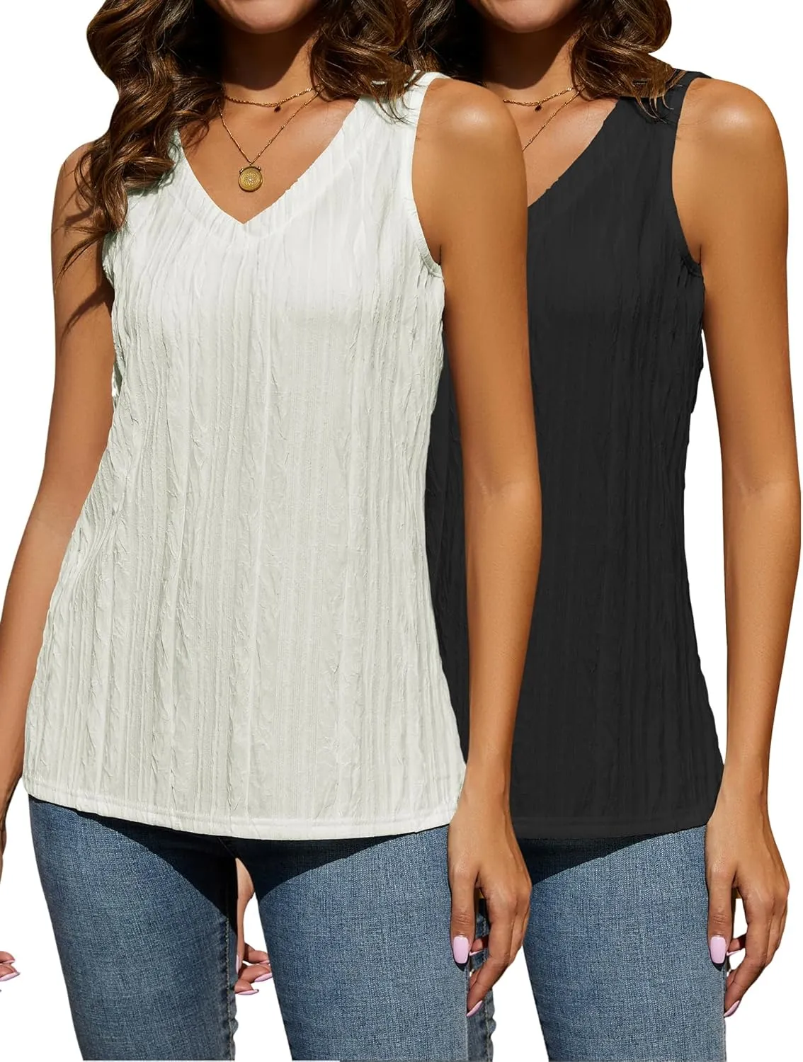 LUYAA Women's Summer V Neck Tank Tops Casual Textured Sleeveless Shirts Loose Basic Tanks