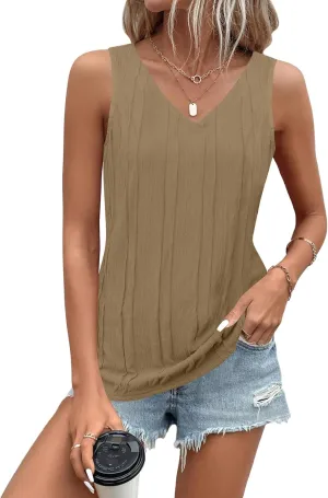 LUYAA Women's Summer V Neck Tank Tops Casual Textured Sleeveless Shirts Loose Basic Tanks