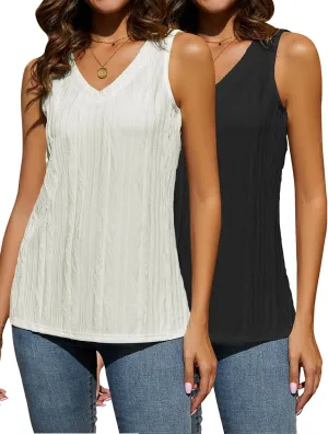 LUYAA Women's Summer V Neck Tank Tops Casual Textured Sleeveless Shirts Loose Basic Tanks
