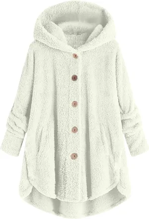 maisdgop Fleece Jacket Women Long Sleeve Sherpa Hooded Coats Winter Fall Warm Fuzzy Jackets Plus Size Button Plush Outerwear