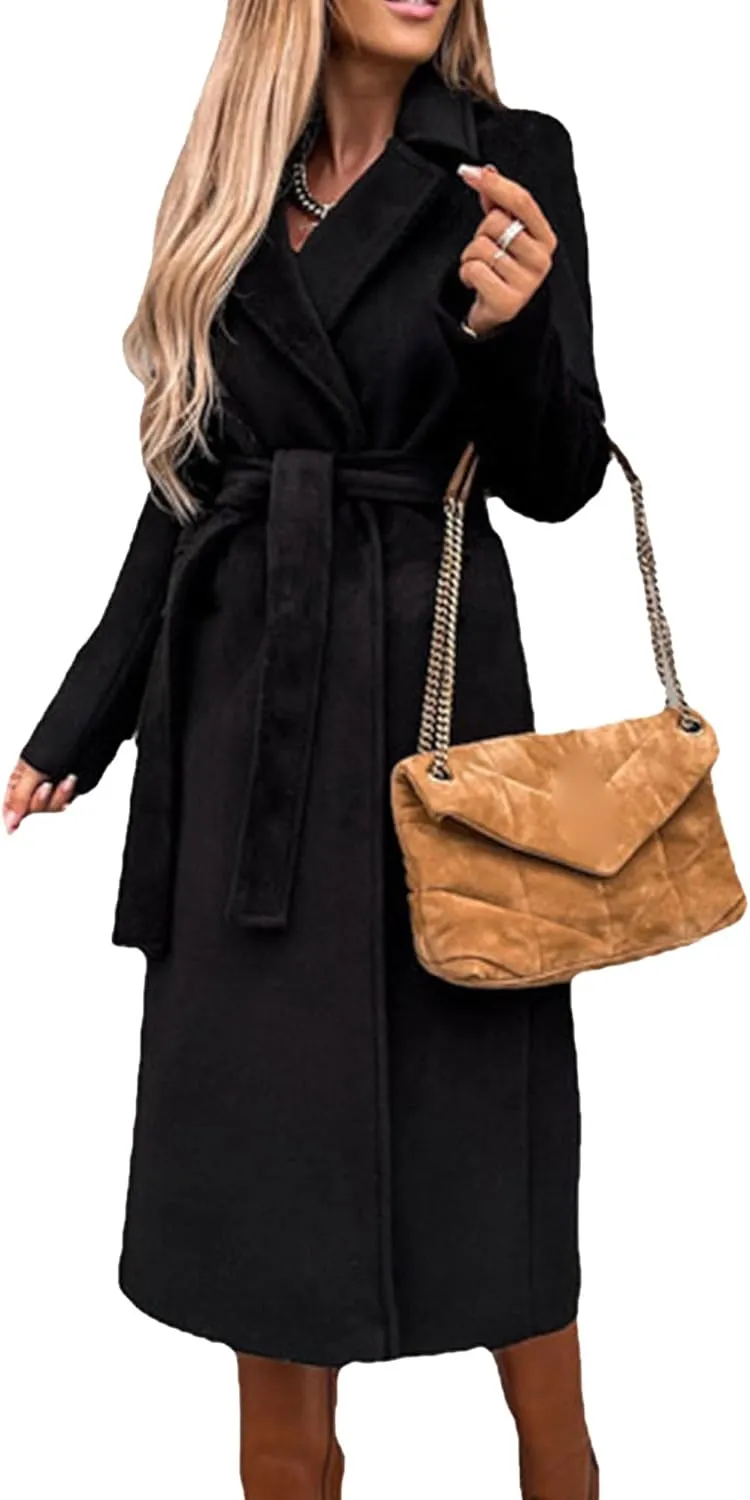 Maiyifu-GJ Women's Notched Lapel Coat Jacket Slim Mid-Long Wool Blend Outerwear Casual Fall Winter Trench Coats with Belt