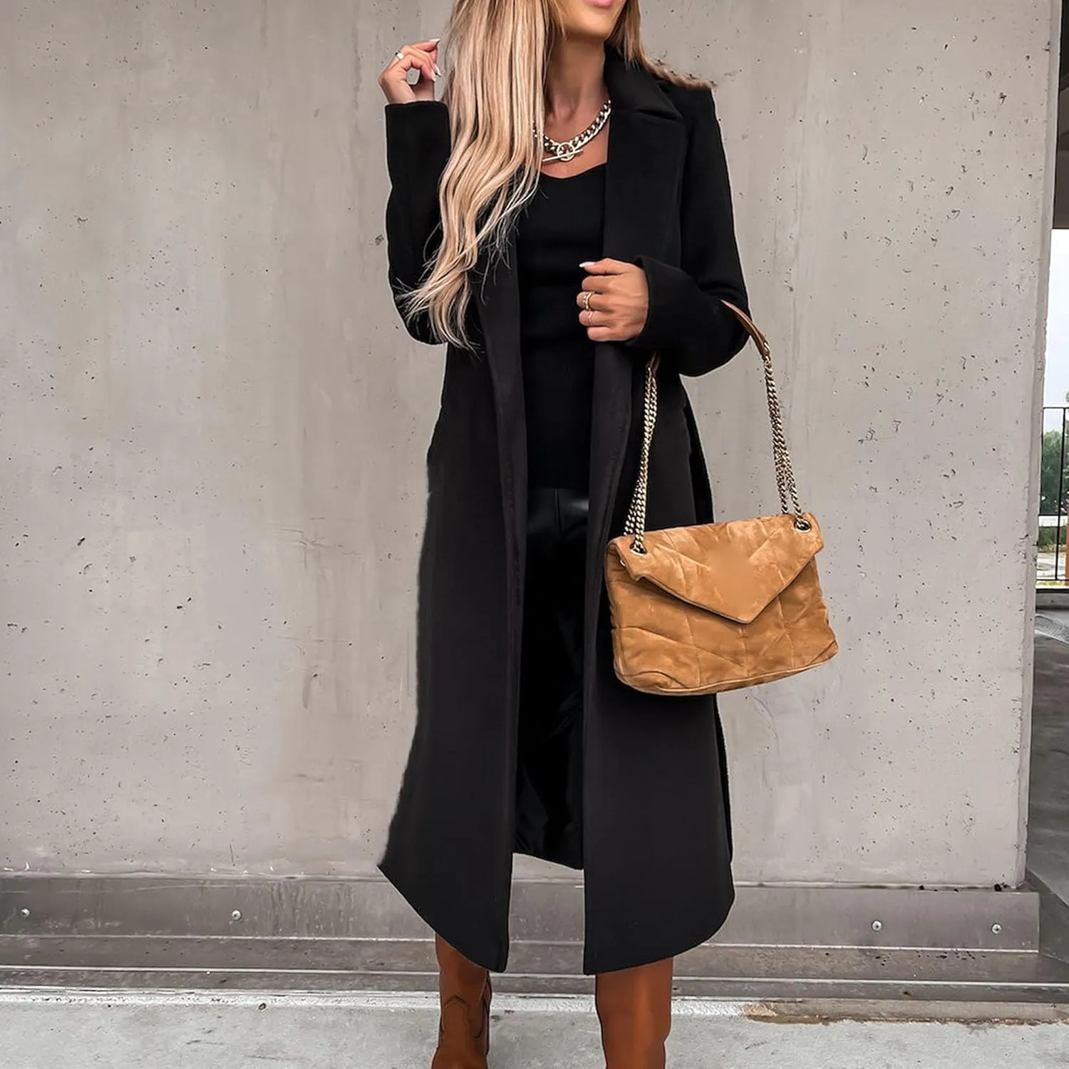 Maiyifu-GJ Women's Notched Lapel Coat Jacket Slim Mid-Long Wool Blend Outerwear Casual Fall Winter Trench Coats with Belt