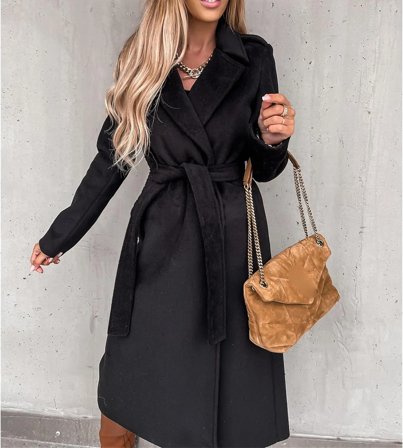 Maiyifu-GJ Women's Notched Lapel Coat Jacket Slim Mid-Long Wool Blend Outerwear Casual Fall Winter Trench Coats with Belt
