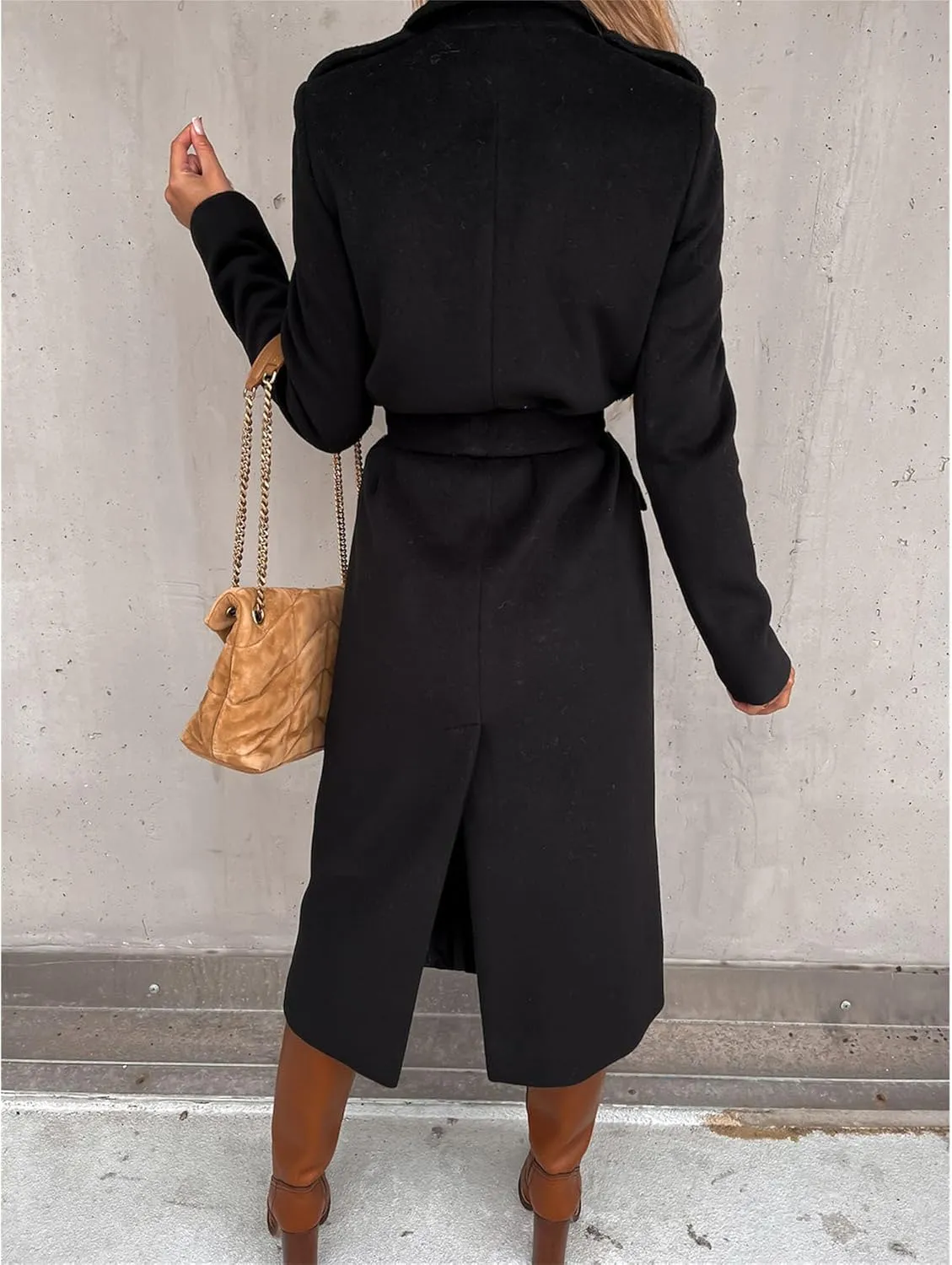 Maiyifu-GJ Women's Notched Lapel Coat Jacket Slim Mid-Long Wool Blend Outerwear Casual Fall Winter Trench Coats with Belt