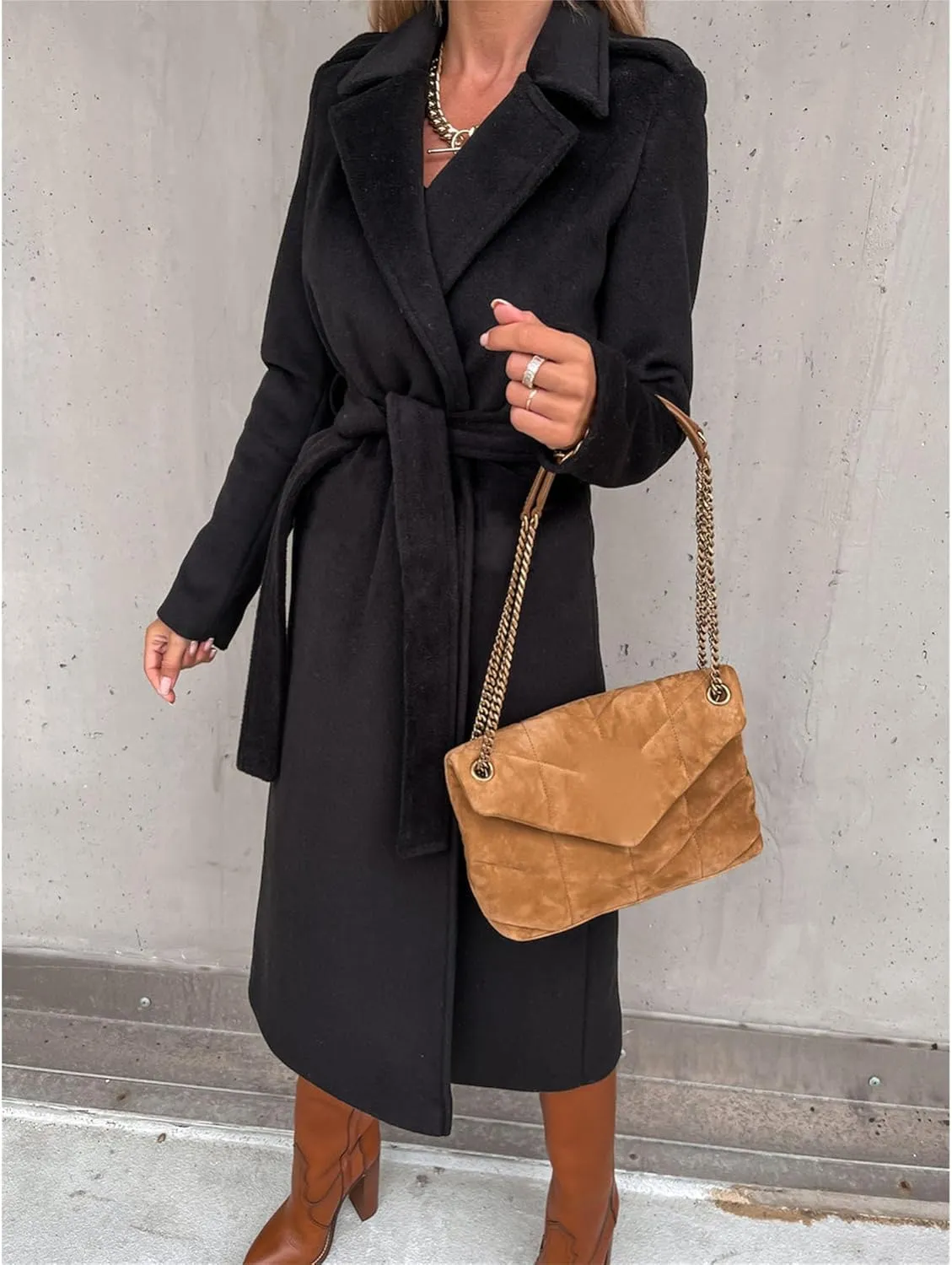Maiyifu-GJ Women's Notched Lapel Coat Jacket Slim Mid-Long Wool Blend Outerwear Casual Fall Winter Trench Coats with Belt