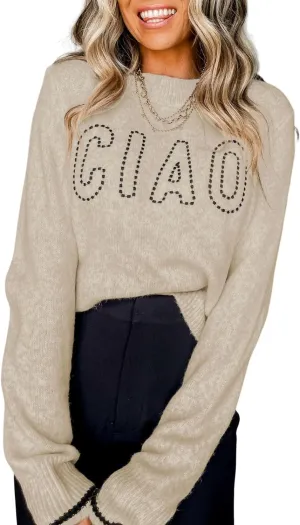 MARZXIN Women Casual Long Sleeve Sweater Round Neck CIAO Pattern Graphic Oversized Knitted Pullover Tops