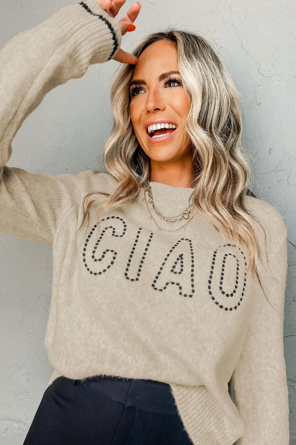 MARZXIN Women Casual Long Sleeve Sweater Round Neck CIAO Pattern Graphic Oversized Knitted Pullover Tops