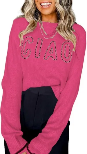 MARZXIN Women Casual Long Sleeve Sweater Round Neck CIAO Pattern Graphic Oversized Knitted Pullover Tops