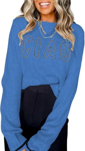 MARZXIN Women Casual Long Sleeve Sweater Round Neck CIAO Pattern Graphic Oversized Knitted Pullover Tops