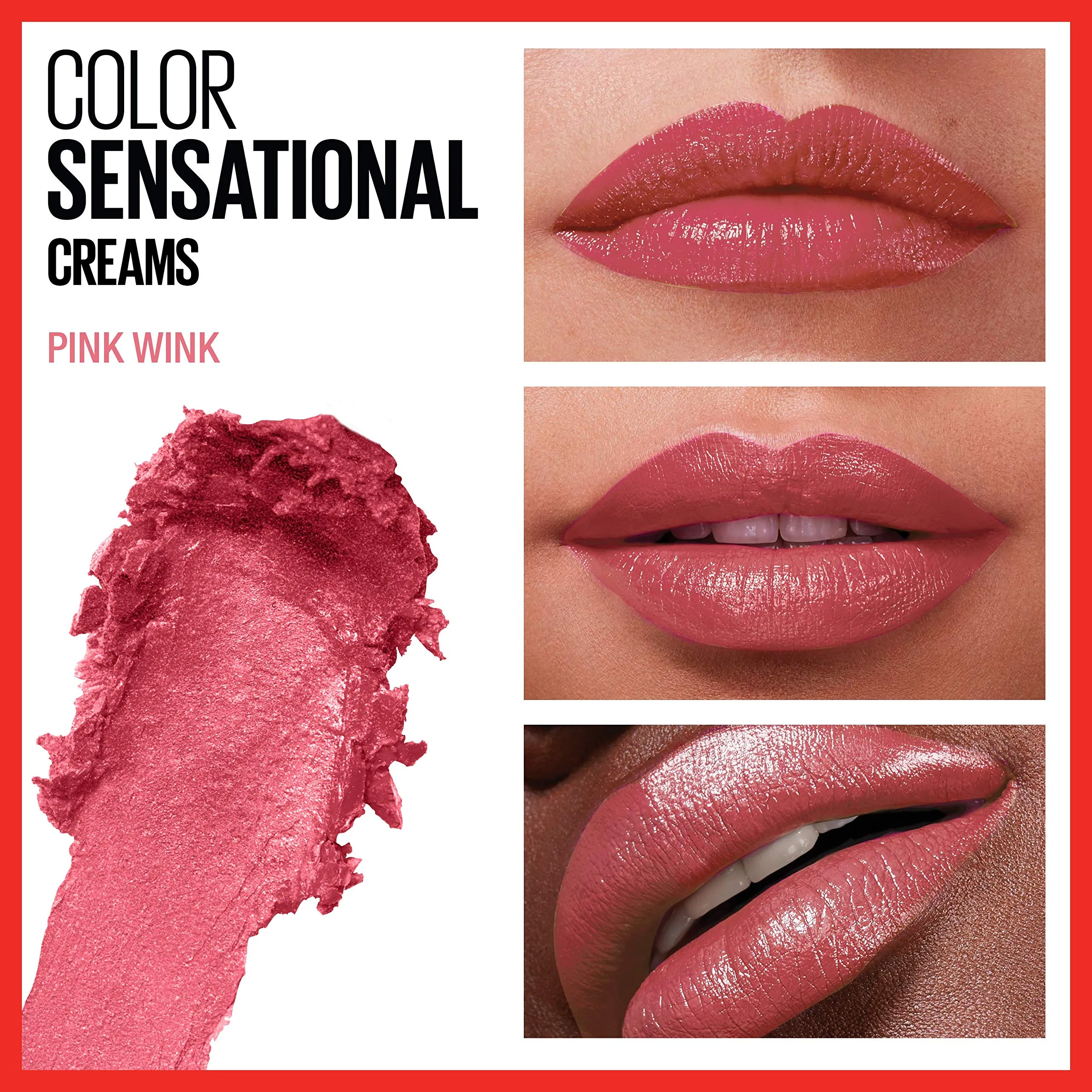 Maybelline Color Sensational Lipstick, Lip Makeup, Cream Finish, Hydrating Lipstick, Nude, Pink, Red, Plum Lip Color, Pink Wink, 0.15 oz; (Packaging May Vary)