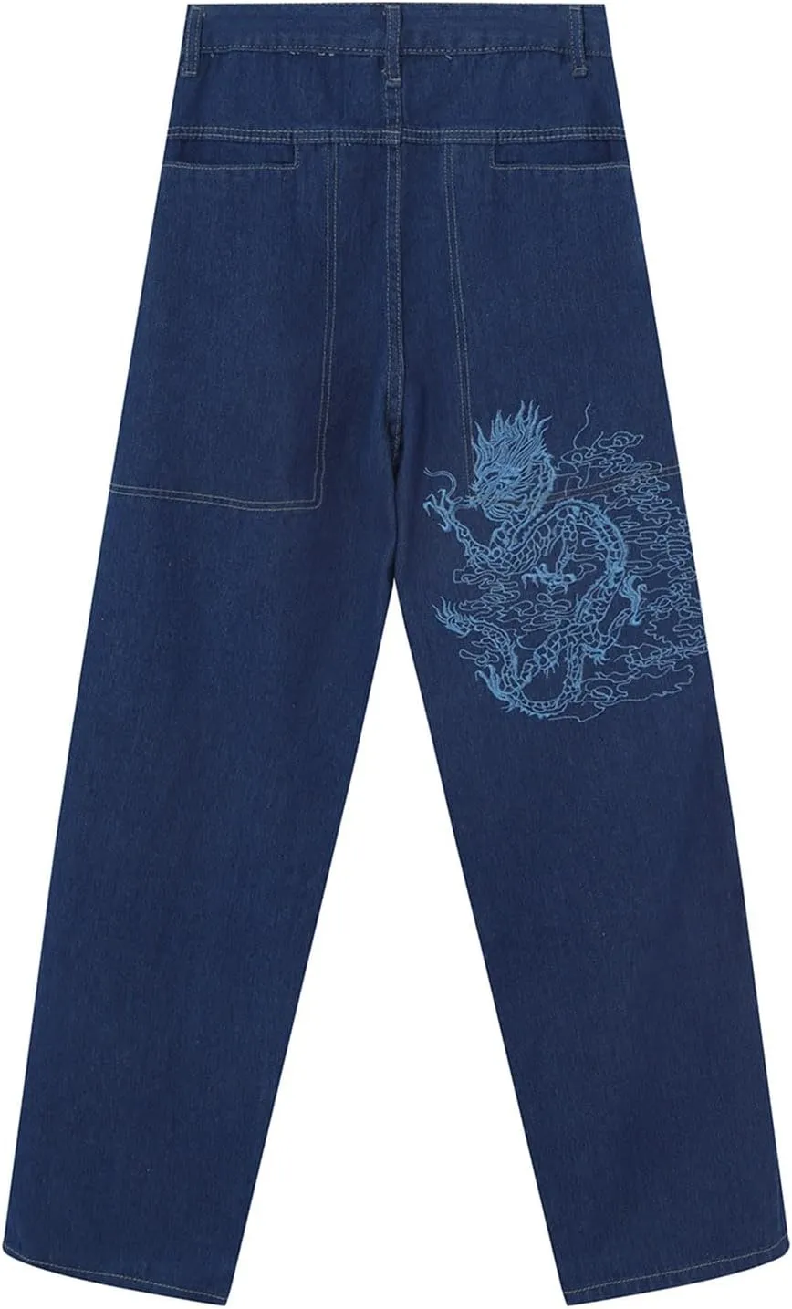 Men Hip Hop Retro Embroidered Washed Denim Pants Y2K Jeans Gothic Straight Wide Leg Loose Fit Streetwear Skater Jeans
