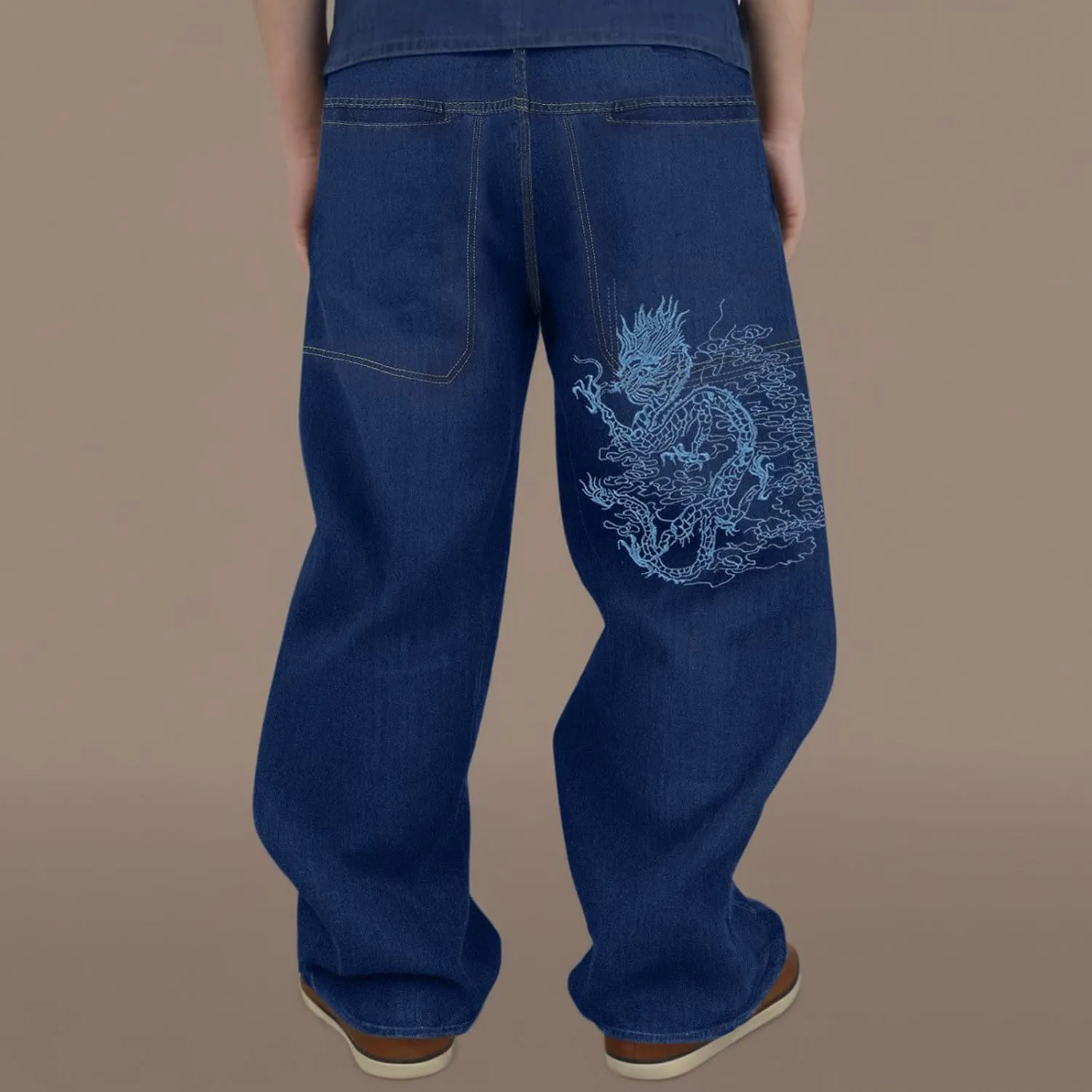 Men Hip Hop Retro Embroidered Washed Denim Pants Y2K Jeans Gothic Straight Wide Leg Loose Fit Streetwear Skater Jeans