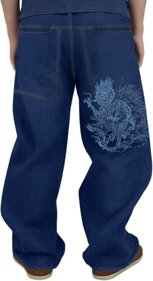 Men Hip Hop Retro Embroidered Washed Denim Pants Y2K Jeans Gothic Straight Wide Leg Loose Fit Streetwear Skater Jeans