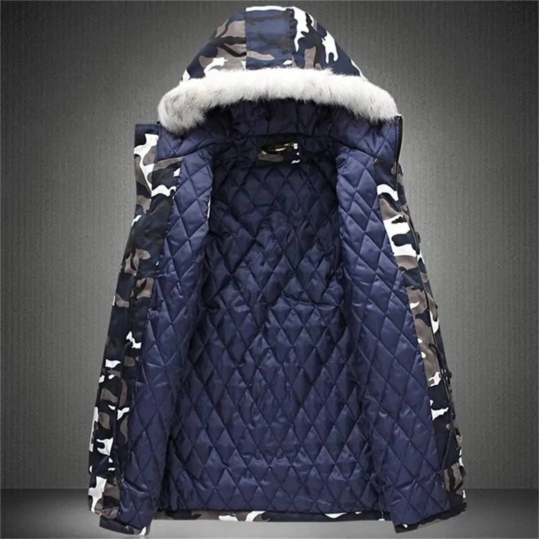 Men Hooded Parka Jacket with Fur Collar Long Sleeve Warm Cotton-Padded Coats Windproof Outdoor Jacket